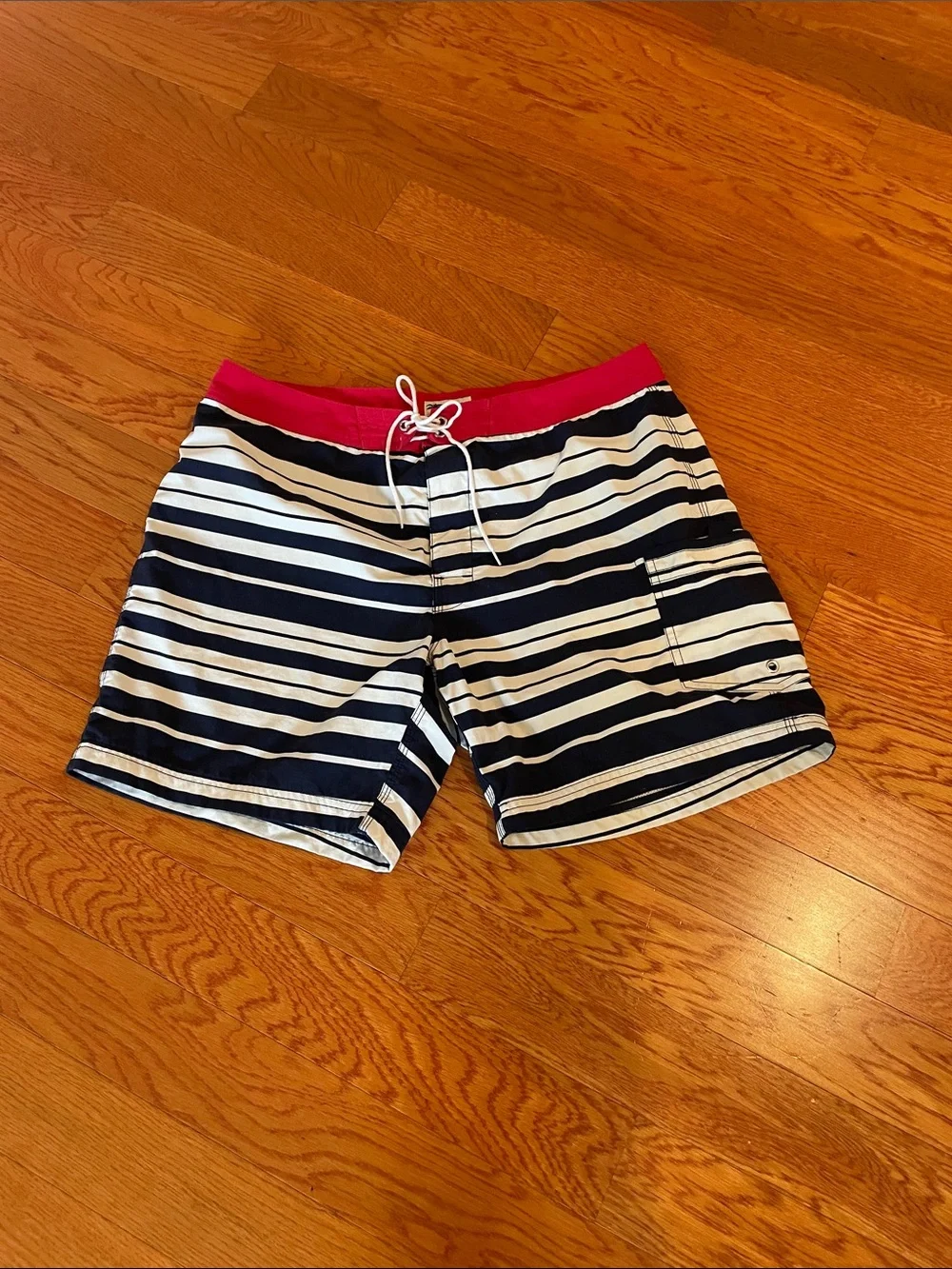 J. Crew Navy and White Striped Swim Trunks with‎ Red Waistband